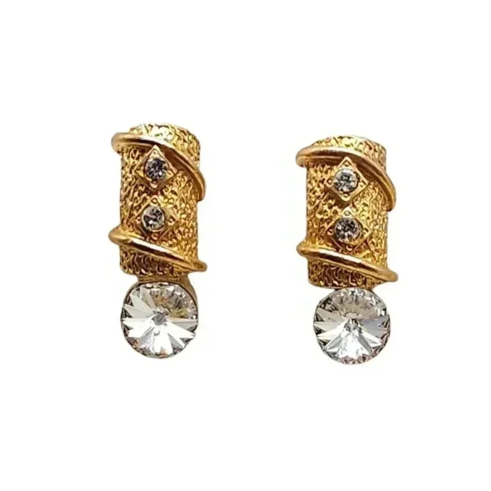 High End Runway 1980s Clear Rhinestone Crystal Earrings Gold Tone Vintage